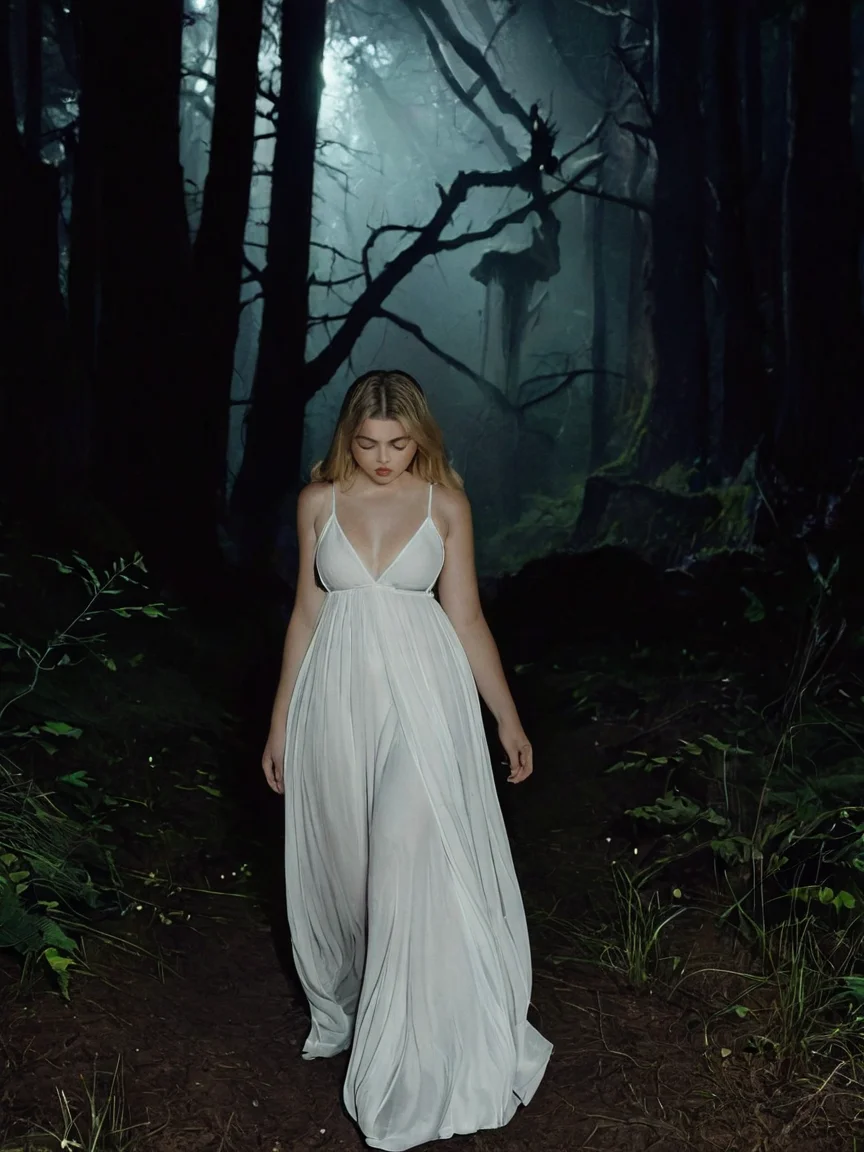 Cinematic fashion photograph  Rebekka_Larsson_P_MXAI_SDXL walking through a dreamlike mystical forest at night, wearing a flowing white dress, cinematic shot       Rebekka_Larsson_P_MXAI_SDXL