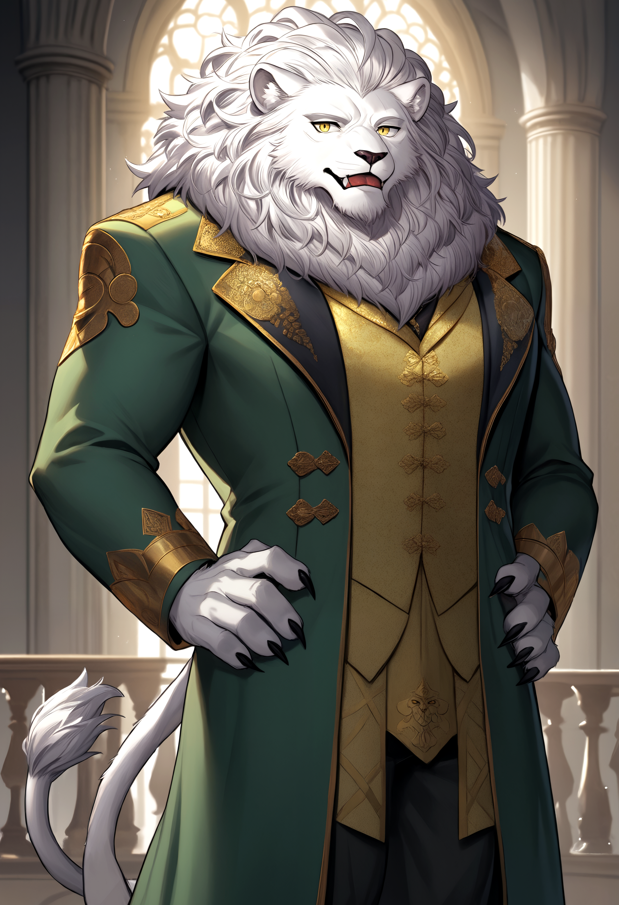 score_9, score_8_up, score_7_up, anthro only, furry only, 1boy, solo,  <lora:BoggartPony-000002>, boggart_(fate), boggart, lion boy, white fur, mane, yellow eyes, lion tail, 1boy, furry male, furry, lion ears, solo, inside, mansion, master bedroom, licking own penis, looking at viewer,