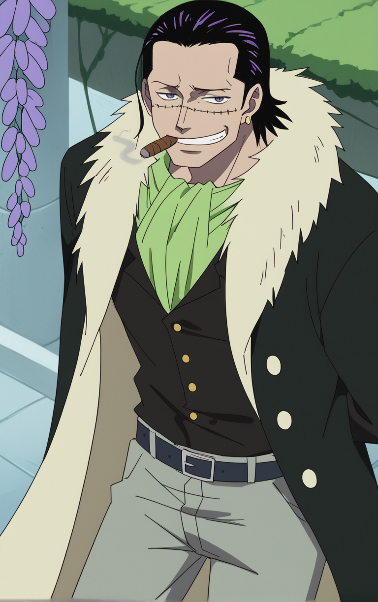 score_9, score_8_up, score_7_up, looking at viewer,  BREAK
MarineFord_Crocodile_ownwaifu, 
1boy, black eyes, black hair, hair slicked back, hook, male focus, scar on face, single earring, smoking, scar, jewelry, earrings, smile, stitches, teeth, short hair, long hair, cigarette, evil smile, 
black coat, black shirt, cigar, fur trim, green ascot, grey pants, fur coat, ascot, belt, pants, coat, coat on shoulders, shirt, cape, fur-trimmed coat, long sleeves, vest
(leaning forward, arms behind back), cowboy shot, garden, wisteria, outdoors, <lora:PONYXL_Pre_ONEPIECE_Crocodile_ownwaifu:0.85> , depth of field, solo, Interesting Image, Captivating Image,