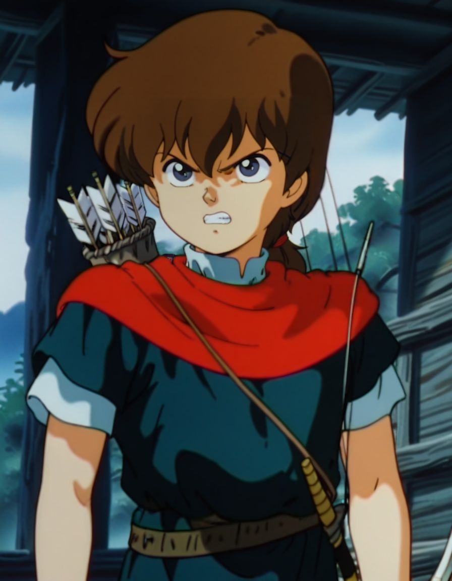 masterpiece, best quality, upper body, angry, clenched teeth, 1boy, male focus, solo, 
<lora:Robin:1>, robinn, long hair, bangs, brown hair, low ponytail, male focus, retro artstyle, blue eyes, short-sleeves, red scarf, quiver, holding a bow \(weapon\) and arrow \(projectile\),