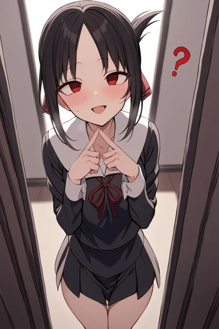 masterpiece, best quality, 1girl,  <lora:Shinomiya_XL:1> shinomiya kaguya, red eyes, parted bangs, folded ponytail, shuuchiin academy school uniform, black school uniform, black hair, red ribbon,<lora:crossed_eyes_sdxl:0.7> crossed eyes, empty eyes, (?:1.2),  ???,  smile, open mouth, looking at viewer,