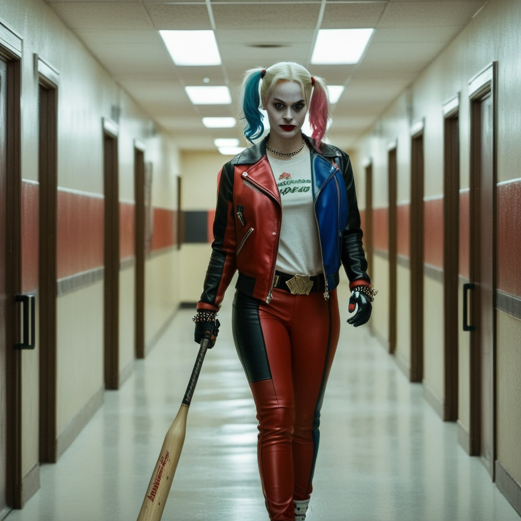 <lora:Kodak Motion Picture Film:1.2>  (Sharp Detailed Image)
An Oscar winning movie for Best Cinematography Harley Quinn a woman with a baseball bat in her hand posing in dorm hallway Kodak Motion Picture Film Style