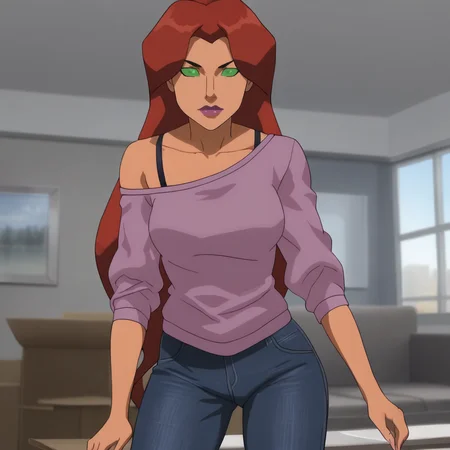 <lora:starfiredcmau_pony_v1:.9> starfireclothes, 1girl, green eyes, bra strap, red hair, long hair, lipstick, makeup, colored sclera, off shoulder, purple lips, breasts, sweater, jeans