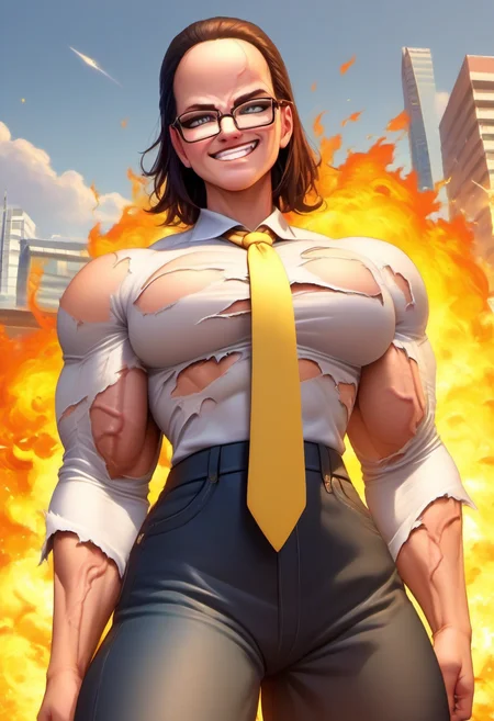 zPDXL, score_9, score_8_up, score_7_up, score_6_up, score_5_up, score_4_up, BREAK detailed background, BREAK <lora:MtF_Genderswap:1>, genderswap \(mtf\), 1girl, solo, SenArmStrong, grey eyes, black hair, medium hair, glasses, manly, <lora:SenatorArmstrongPDXL_V1-Manityro-CAME:1.0>, muscular female, veins, outdoors, grey sky, day, building, fire, explosion, looking at viewer, grin, white shirt, torn clothing, torn shirt, yellow necktie,