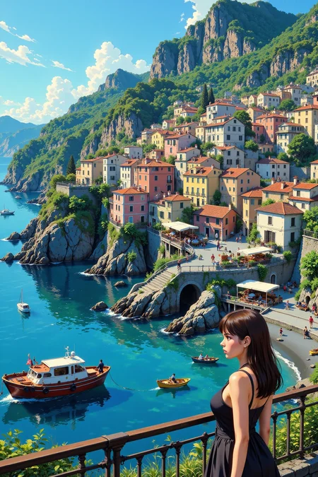 Coastal village in Cinque Terre beautiful  landscape, early morning, woman, very intricate, very detailed, sharp, bright, colorful, <lora:Hand v2:0.5> <lora:Anti-Blur:1><lora:Insane Detail Slider:0.25>  <lora:flux.1_lora_flyway_Epic-detail_v2:0.3> <lora:fluxenhancer:0.25> <lora:ROWER:0.6> <lora:flux-charmer-v1-1:0.4><lora:Vibrantly_Sharp_style_v.5:0.4> <lora:Anime_style:0.8> anime style