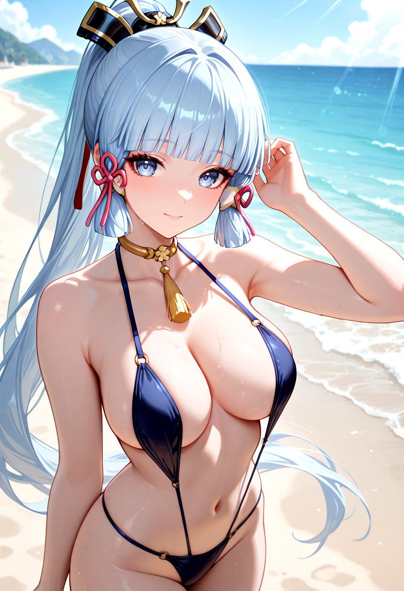 masterpiece, newest, absurdres, best quality, hires, 1girl, kamisato ayaka \(genshin impact\), outdoors, beach, slingshot bikini