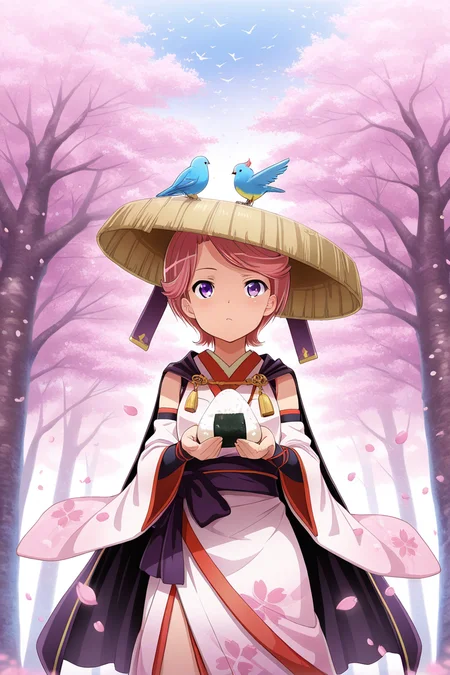 masterpiece, best quality, amazing quality,
<lora:Futaba_IL:1> futaba, 1girl, onigiri, hat, cherry blossoms, pink hair, short hair, japanese clothes, purple eyes, solo, food, tree, bird, detached sleeves, cape, petals