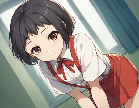 score_9, score_8_up, score_7_up, source_anime, <lora:hanako-hasegawa-ova-ponyxl-lora-nochekaiser:1>, hanako hasegawa, short hair, black hair, brown eyes,, skirt, shirt, ribbon, school uniform, white shirt, red ribbon, suspenders,, indoors, bent over, smile, looking at viewer, solo,, cowboy shot, dutch angle