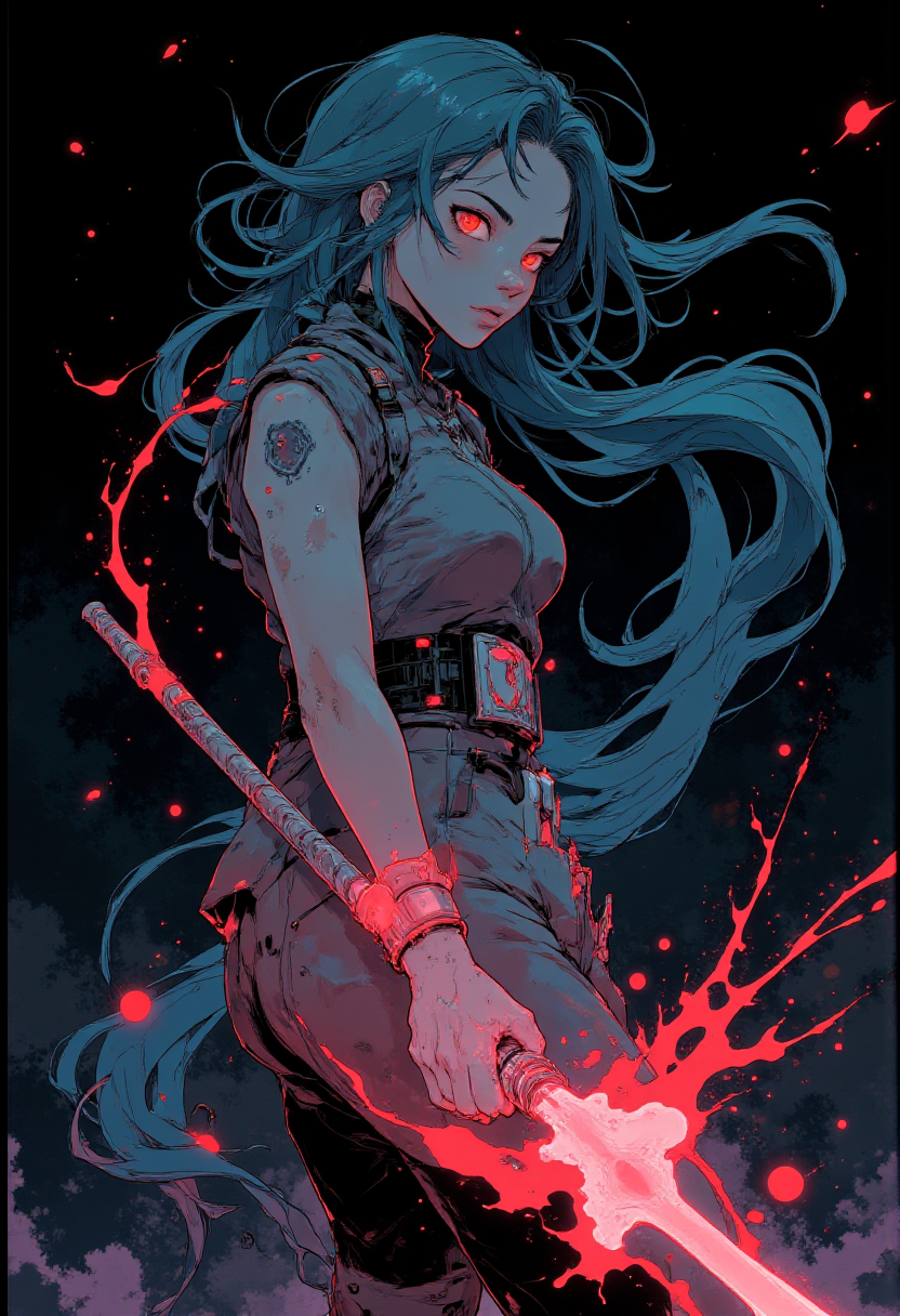 A sorceress balances delicately on the edge of a shattered moon fragment, her weapon a staff of pure light, pulsing with prismatic tendrils of liquid energy. Her alabaster skin glows against her flowing midnight gown, which is alive with a galaxy of glittering stars. Her pose is both sensual and commanding, as her luminous aqua hair flows unnaturally, defying gravity. In the black void around her, fragments of planets and comets orbit, igniting vibrant trails of pink, orange, and ultraviolet hues that create a kaleidoscopic, otherworldly backdrop.  equirectangular 360, two shot, backlight, hip level shot, long shot