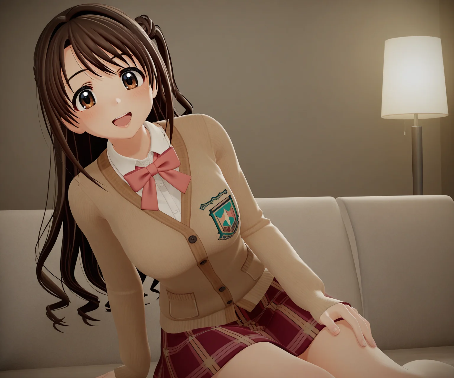 masterpiece, best quality, amazing quality, , 1girl, solo, looking at viewer, shimamura uzuki, cardigan, shirt, skirt, smile, open mouth, <lora:New Kizuna AI ILL-v2:1> newkizunaai, 3d,