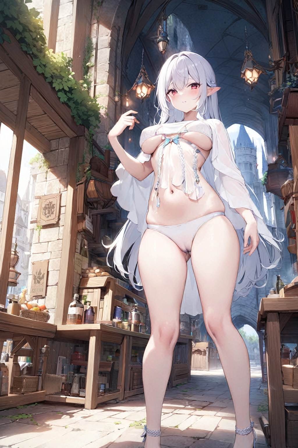 <lora:ç½è²ç²¾çµæ«è©XL:0.9>,1girl,breasts,solo,underwear,navel,panties,white panties,flower,lingerie,(jewelry:1.3),(see-through:1.3),cape,
a bustling medieval fantasy town at daytime,stone buildings with wooden accents,cobblestone streets filled with merchants,colorful market stalls selling potions and wares,sunlight filtering through castle towers,magical auras in the air,lively atmosphere of trade and adventure,flags with emblems fluttering,smoke from blacksmith forges,the sound of bells and chatter filling the space,vibrant and full of medieval fantasy life,
curvy,oval face,white hair,long hair,very long hair,makeup,fundoshi,long_eyelashes,light_blush,(elf ears:0.8),red eyes,medium breasts,narrow_waist,standing,(cameltoe:1.1),, (masterpiece:1.2),best quality,masterpiece,highres,original,extremely detailed wallpaper,perfect lighting,(extremely detailed CG:1.2),