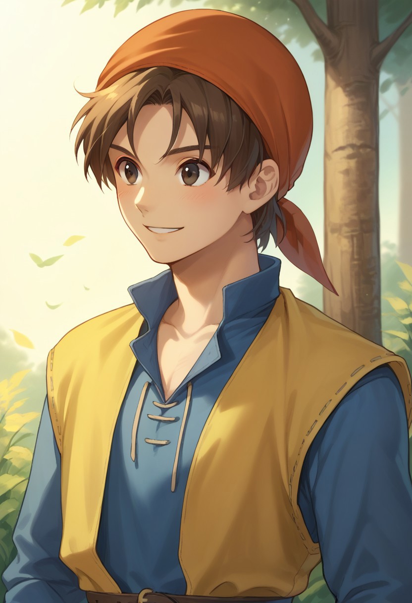 score_9, score_8_up, score_7_up, source_anime, highly detailed, 
herodq, 1boy, male focus, solo, brown hair, short hair, bandana, red bandana, black eyes, tunic, blue tunic, long sleeves, sleeves rolled up, coat, yellow coat, sleeveless coat, belt, upper body, smile, 
outdoor, wood,