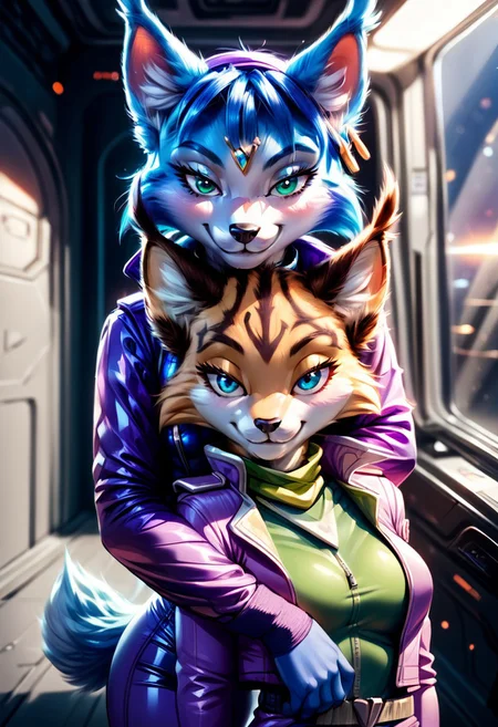 score_9, score_8_up, score_7_up, score_6_up, high quality, detailed, great lighting, beautiful, masterpiece, 4k, clean, crisp, cinematic, duo, BREAK
Krystal, Krystal_StarFox, anthro fox, fox girl. blue fur, white muzzle, blue hair, blue jumpsuit, BREAK
Miyu Swift, anthro lynx, lynx girl, tan fur, brown ears, lavender jumpsuit, teal neckerchief, BREAK
2girls, embrace, hug, standing, anthro, curvy, clothed, open jacket, looking at viewer, bedroom eyes, seductive look, side by side, smile, equal height, (ultra realistic, 32k, masterpiece:1.2), (high detailed fur:1.1), (high quality:1.1),