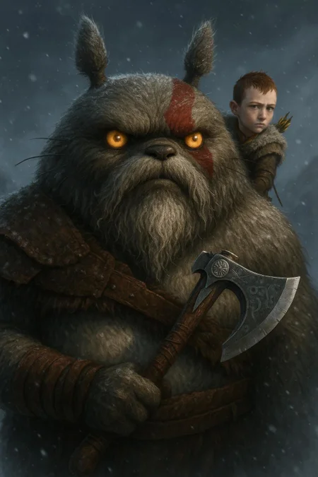 A hyper-realistic portrait of Totoro reimagined as Kratos from God of War — fur matted, one red warpaint stripe, holding a tiny Leviathan Axe. He stands in snow with Atreus riding his shoulder. Epic Nordic lighting, cinematic close-up, textured fur, glowing eyes, detailed beard.