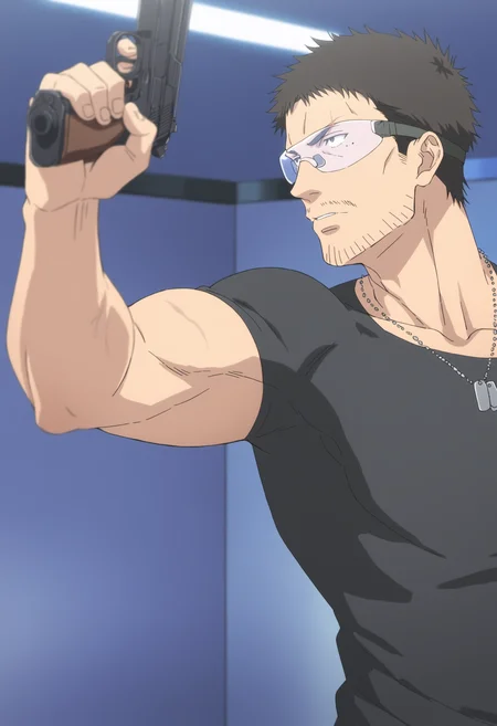 1boy, wolfgangcaptain_80000, black hair, veiny arms, tight black shirt, black eyes, dog tag, stubble, safety glasses, mole under eyes, scar_over_eyebrow, score_8_up, score_7_up, score_6_up, score_9_up, muscle, stocky body, big muscular,  big arms, mddle-age man, , a man at in shooting training room,  centered, looking away, face_focus, detailed eyes, 8k uhd, high quality, anime color,standing,  side view, close up, ((outstretched arm)), holding gun