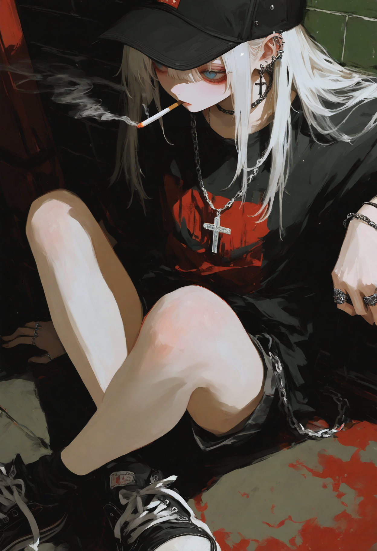 masterpiece, best quality, good quality, 748cm, 
1girl, solo, long hair, shirt, hat, jewelry, sitting, white hair, earrings, shorts, shoes, socks, black footwear, necklace, bracelet, black shirt, black headwear, piercing, ring, black socks, cross, ear piercing, sneakers, baseball cap, cigarette, smoking, cross necklace, chain necklace
<lora:ai_styles_collection_noob_vpred-0.6_v3:1>