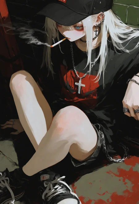 masterpiece, best quality, good quality, 748cm,
1girl, solo, long hair, shirt, hat, jewelry, sitting, white hair, earrings, shorts, shoes, socks, black footwear, necklace, bracelet, black shirt, black headwear, piercing, ring, black socks, cross, ear piercing, sneakers, baseball cap, cigarette, smoking, cross necklace, chain necklace
<lora:ai_styles_collection_noob_vpred-0.6_v3:1>
