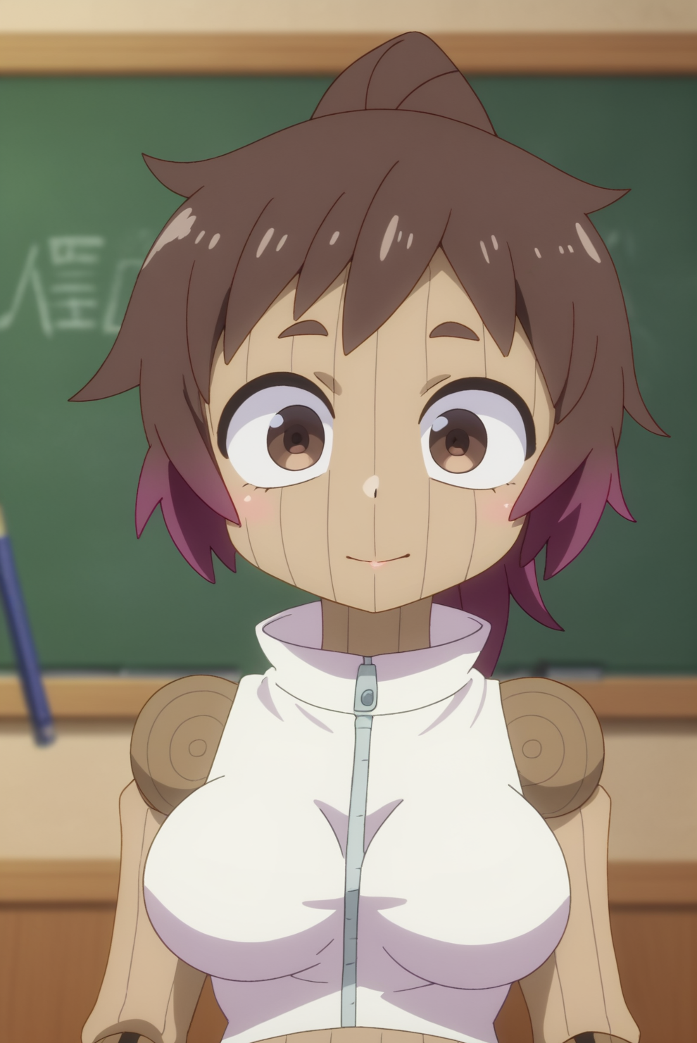 Love Net, brown Eyes, joints, solo, teacher, white top, teaching viewer <lora:Love_Net:0.8>