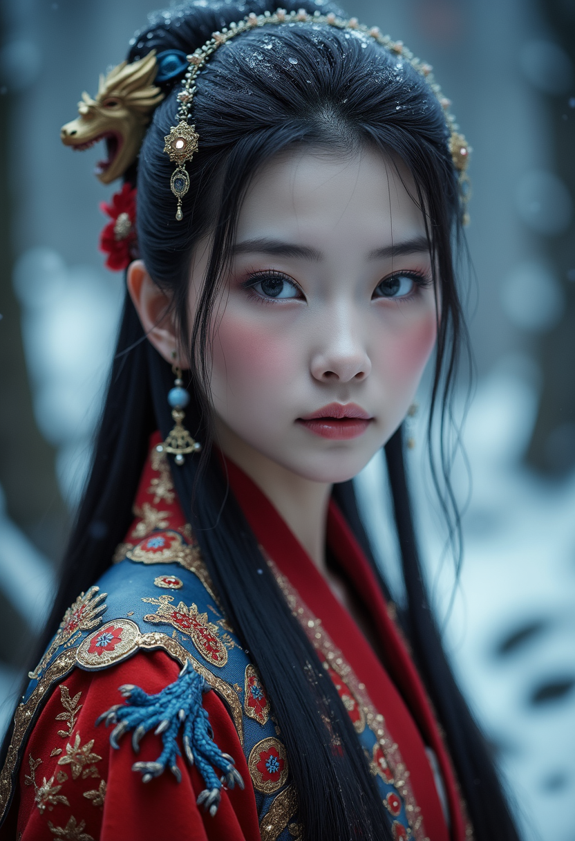 breathtaking cinematic film still A realistic, high-definition image of a young 26yo beautiful Chinese woman with pale skin and long dark hair, blue mystical make up, striking white eyes with ,  pale blue lips. She wears an ornate, traditional garment in red gold and blue with dragon-like designs on the shoulders. Set against a blurred snowy landscape with dark rocks and trees creating a serene mystical atmosphere. The style focuses on realistic textures, intricate details, and ethereal beauty, evoking a contemplative, mystical mood.
highly detailed background
<lora:ImageUpgraderV2:0.6>  . shallow depth of field, vignette, highly detailed, high budget, bokeh, cinemascope, moody, epic, gorgeous, film grain, grainy . award-winning, professional, highly detailed