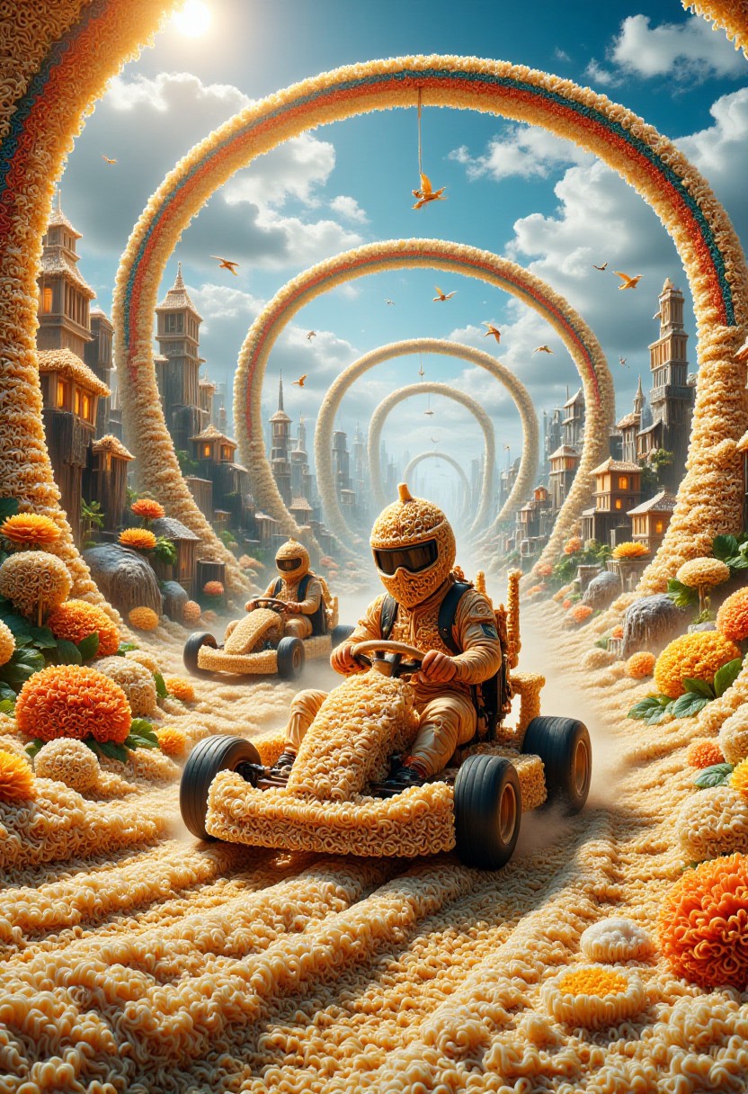 p1nkn00dles,Adventurers race go-karts made out of instant noodles through a rainbow-colored racetrack suspended in the clouds. extremely detailed, many details, extreme detailed, full of details