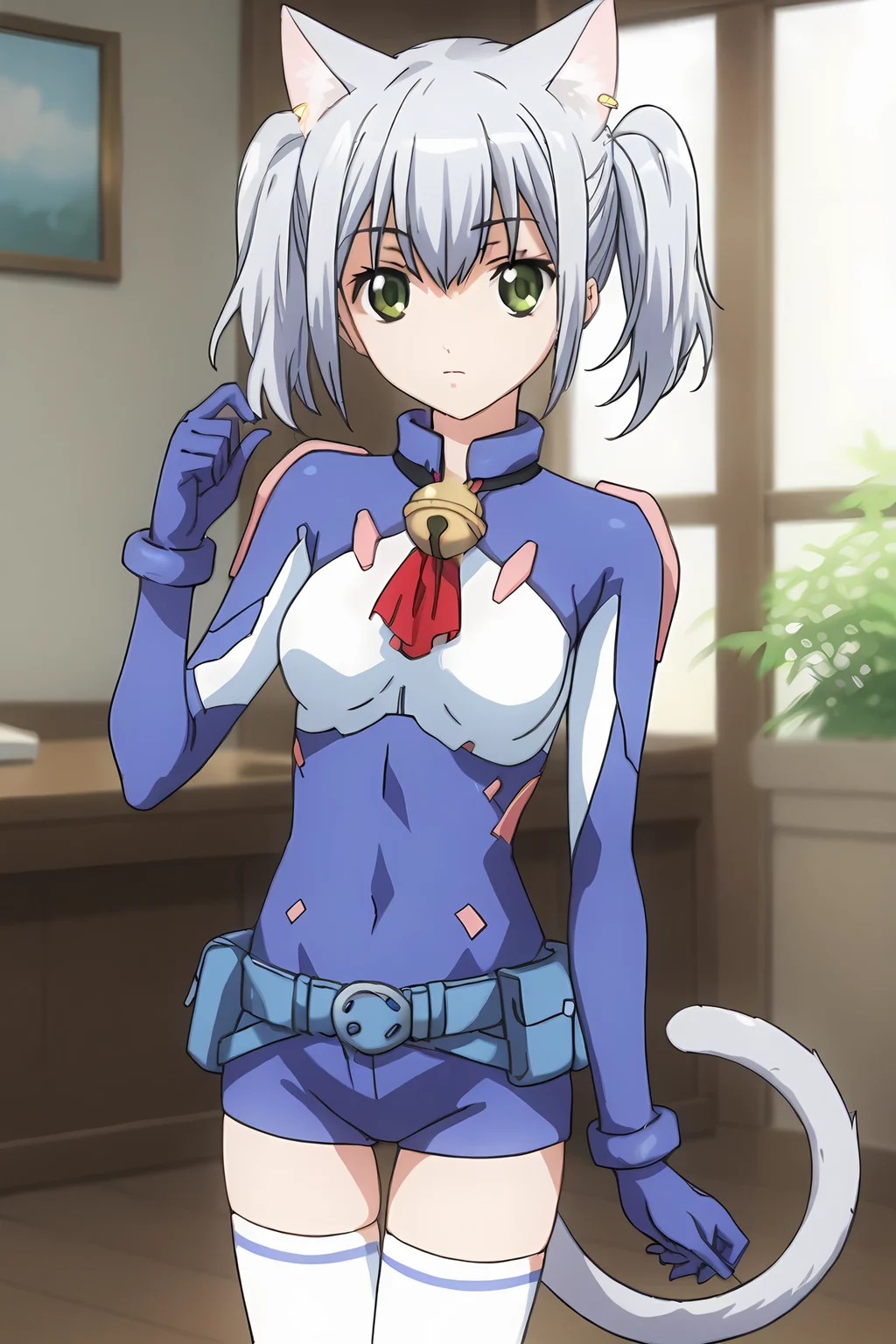 (blue bodysuit belt gloves white thighhighs:1.50), cpc-chaika, short hair, short twintails, bangs, sidelocks, grey hair, hair between eyes, green eyes, cat ears, cat tail, neck bell,
1girl, solo, skinny, (source_anime, score_9, score_8_up, score_8, score_7_up), score_7, score_6_up, score_6, score_5_up, score_5,
(:1.10),
(indoors:0.90),
(standing:1.60), (feet:1.20),
medium breasts
<lora:cpc-chaika-V01-000003:0.90>