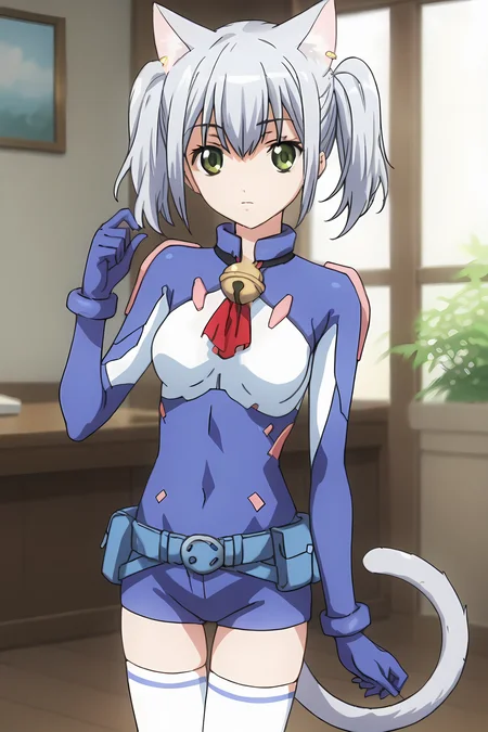 (blue bodysuit belt gloves white thighhighs:1.50), cpc-chaika, short hair, short twintails, bangs, sidelocks, grey hair, hair between eyes, green eyes, cat ears, cat tail, neck bell,
1girl, solo, skinny, (source_anime, score_9, score_8_up, score_8, score_7_up), score_7, score_6_up, score_6, score_5_up, score_5,
(:1.10),
(indoors:0.90),
(standing:1.60), (feet:1.20),
medium breasts
<lora:cpc-chaika-V01-000003:0.90>