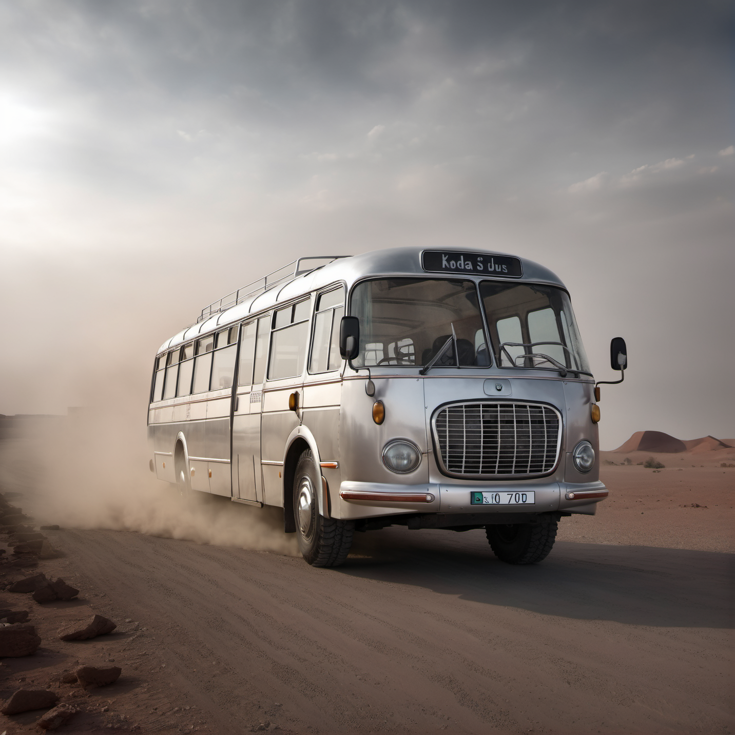 <lora:Cloudify-SDXL:0.15>  main focus (silver chrome platinum skoda706 bus:1.3) dynamic view, sky, dusty road, volumetric lights, cinematic, hot mars desert, epic
<lora:Skoda706-SDXL:1>