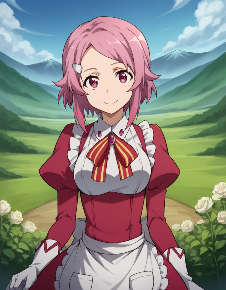 score_9, score_8_up, score_7_up, source_anime,
rikashinozaki, <lora:rika-shinozaki-s1-ponyxl-lora-nochekaiser:1>,
rika shinozaki, short hair, hair ornament, pink hair, hairclip, pink eyes, freckles, parted bangs,
long sleeves, ribbon, neck ribbon, puffy sleeves, juliet sleeves, collar, gemstone, gloves, dress, red dress, frills, apron,
outdoors, landscape, smile,
looking at viewer, cowboy shot, solo, dutch angle,
