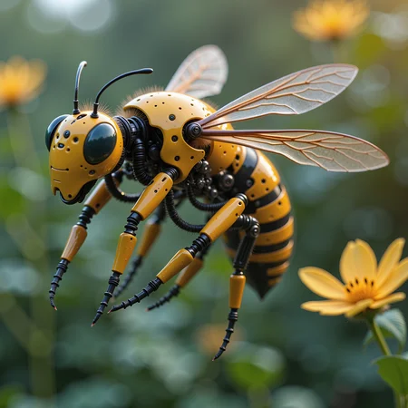 cybotix style, a close-up of a robotic bee hovering in the air