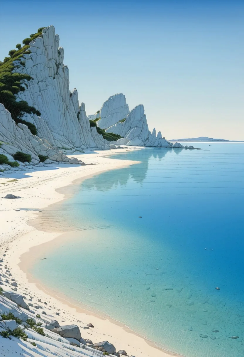 A serene beach with crystal-clear waters and white sands, untouched by humanity, the pristine shore, in the style of Jean Giraud, in the style of Moebius