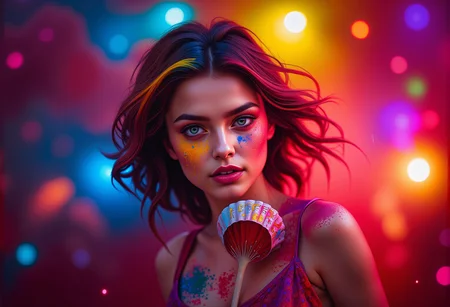 bv-betdigpor. A young woman with vibrant expressions at an exhilarating Holi festival. The scene is illuminated by bright, colorful festival lights. The young woman is holding or displaying a clear sign that reads "Better Digital Portraits", in a paper fan. The image has a "Better Digital Portraits" aesthetic, focusing on flawless skin, vibrant colors, and deep contrasts. , <lora:bv-better-digital-portrait.safetensors:1.0:1.0>