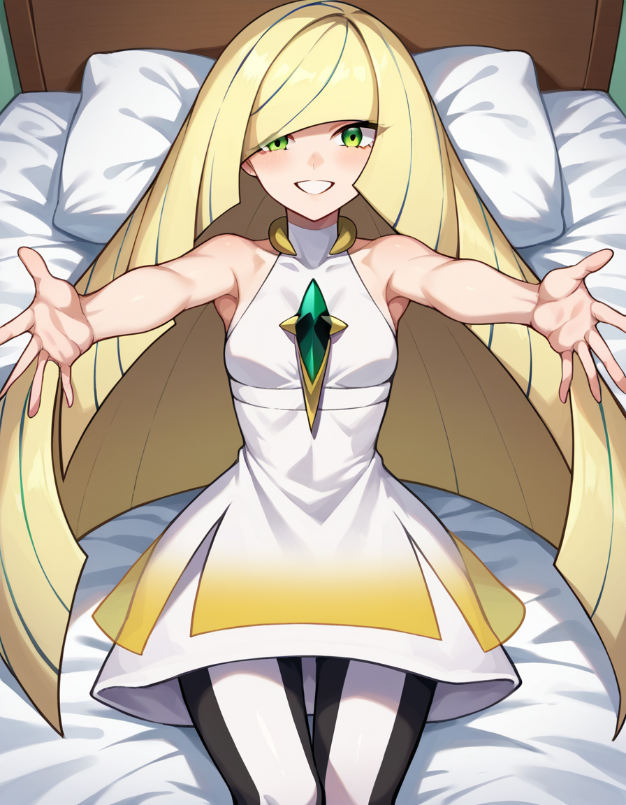score_9, score_8_up, score_7_up, source_anime,
pokemonlusamine, <lora:pokemon-lusamine-ponyxl-lora-nochekaiser:1>
pokemonlusamine, blonde hair, green eyes, hair over one eye, long hair, multicolored hair, streaked hair, very long hair, smile,
bare arms, diamond \(shape\), dress, gem, green gemstone, leggings, short dress, sleeveless, sleeveless dress, white dress, white leggings,
indoors, bed, bed room, on back, arm support, arms up, incoming hug, pov, reaching, reaching towards viewer,
looking at viewer, dutch angle, cowboy shot,