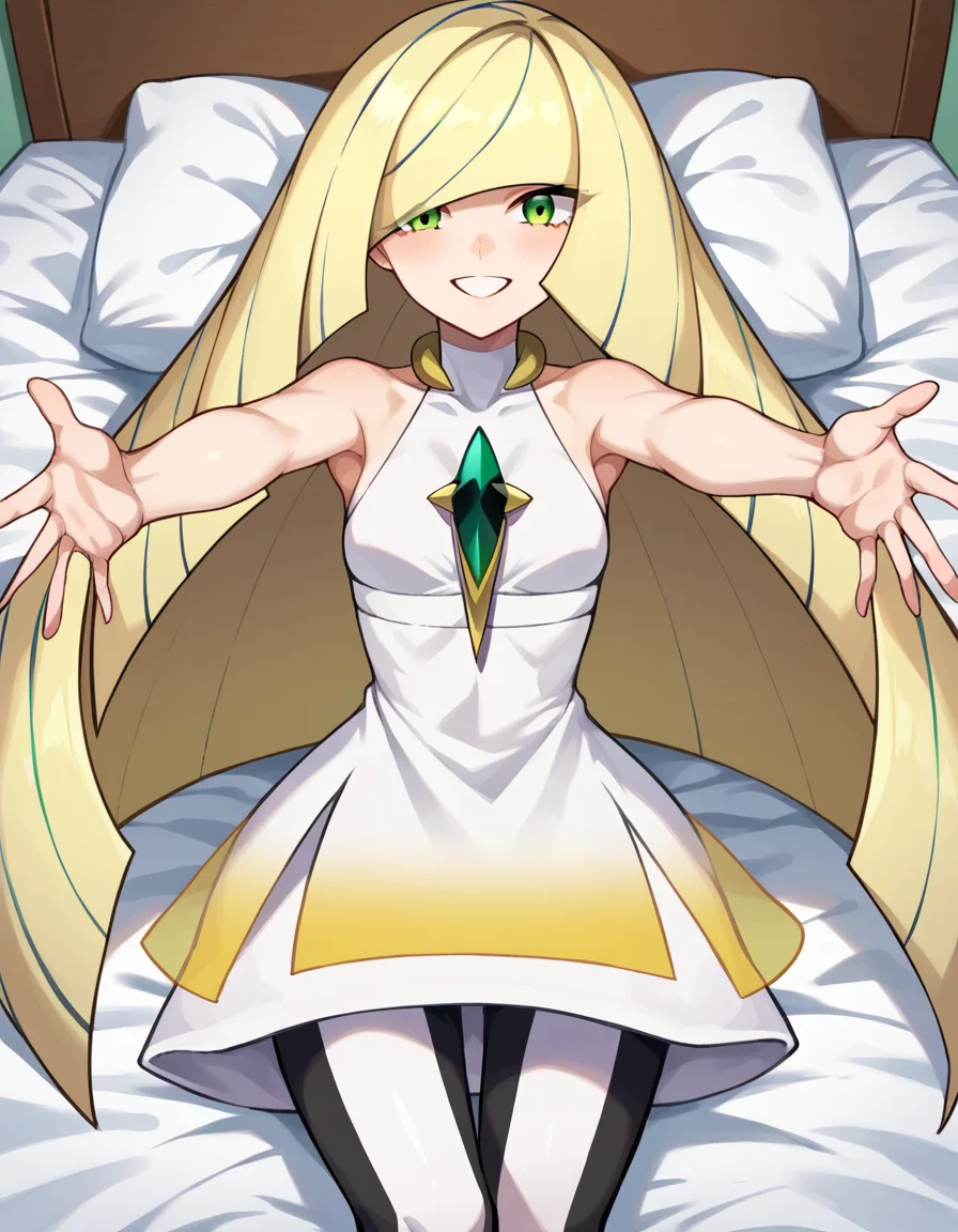 score_9, score_8_up, score_7_up, source_anime,
pokemonlusamine, <lora:pokemon-lusamine-ponyxl-lora-nochekaiser:1>
pokemonlusamine, blonde hair, green eyes, hair over one eye, long hair, multicolored hair, streaked hair, very long hair, smile,
bare arms, diamond \(shape\), dress, gem, green gemstone, leggings, short dress, sleeveless, sleeveless dress, white dress, white leggings,
indoors, bed, bed room, on back, arm support, arms up, incoming hug, pov, reaching, reaching towards viewer,
looking at viewer, dutch angle, cowboy shot,