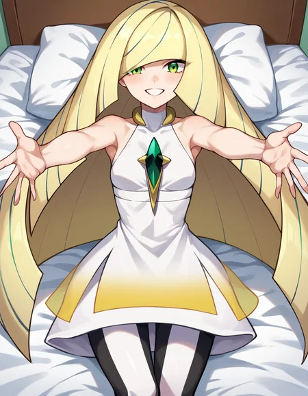 score_9, score_8_up, score_7_up, source_anime,
pokemonlusamine, <lora:pokemon-lusamine-ponyxl-lora-nochekaiser:1>
pokemonlusamine, blonde hair, green eyes, hair over one eye, long hair, multicolored hair, streaked hair, very long hair, smile,
bare arms, diamond \(shape\), dress, gem, green gemstone, leggings, short dress, sleeveless, sleeveless dress, white dress, white leggings,
indoors, bed, bed room, on back, arm support, arms up, incoming hug, pov, reaching, reaching towards viewer,
looking at viewer, dutch angle, cowboy shot,