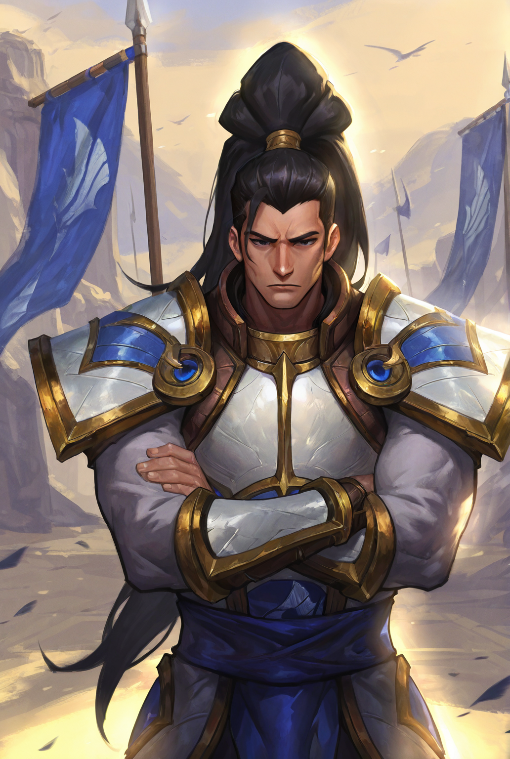 score_9,score_8_up,score_7_up,best quality,ultra-detailed,high resolution,digital painting,8k,1boy,solo,cowboy shot,male focus,detailed face,ponytail,armor,black hair,long hair,shoulder armor,pauldrons,standing,crossed arms,flag,<lora:add-detail-xl:1>,<lora:XinZhao LOL:0.7>,xinzhao lol,