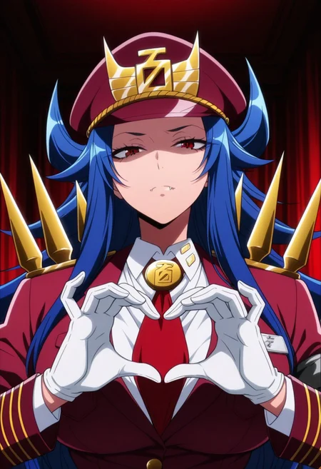masterpiece,best quality,masterpiece,best quality,amazing quality,good quality, absurdres,rich colors,beautiful eyes,detailed eyes,detailed pupils,perfect face,perfect eyes,1women,Momoko Hyakushiki,blue hair,very long hair,spiked hair, red eyes,fangs,large breasts,red military uniform,red jacket,name tag,gold ornaments,peaked cap,red headwear,gold shoulder spikes,red necktie,armband, white gloves,closed mouth,fangs out,half-closed eyes,partially shaded face,heart hands,looking at viewer,upper body portrait,indoors,dark bedroom