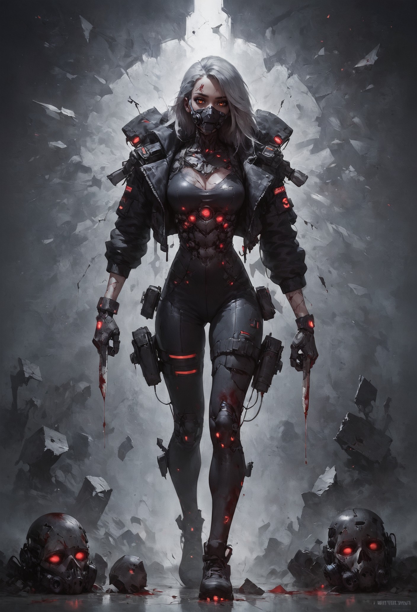 score_9, score_8_up, score_7_up,  1girl, full body, techno suit, technology, uncommon appearance, (crashed spaceship, broken spaceship on the background), gray hair, half face covered, (robotic half face, half face cyborg, cyborg), injuries, blood, (face mask, broken mask, crushed mask, broken glass), holding bloody knife, (final boss:1.2)  <lora:pony/twilight_style:0.8> concept art, realistic <lora:pony/expressiveh:0.4> expressiveh <lora:sdxl/princess_xl_v2:0.8> <lora:pony/vixon_gothic_neon_style:0.32> g0thicPXL, glowing, neon