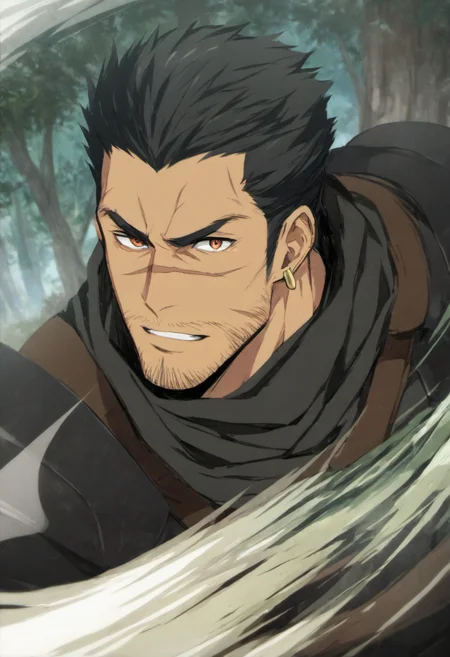 1boy, GridHalf, (scar on face), scar over nose, cross scar on face, facial hair, earring, black armor, score_8_up, score_7_up, score_6_up, score_9_up, face_focus, a muscular male soldier stand at forest, attack pose, fantasy, ancient ,medieval, short hair, hairy, muscular, centered, looking at viewer,  8k uhd, high quality,