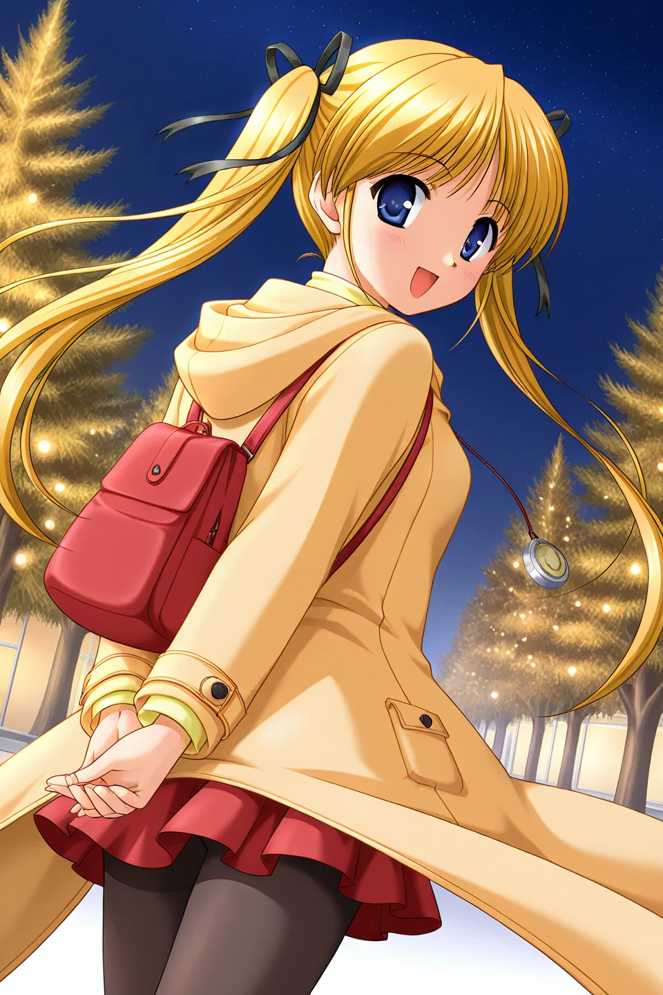masterpiece, best quality, absurdres, official art, official style, rating generael BREAK <lora:shibugakimatsuri_IL_v1-3:0.7>, shibugaki matsuri, 1girl, solo, blonde hair, blue eyes, very long hair, bangs, twintails, hair ribbon, black ribbon, small breasts BREAK flat chest, winter clothes, casual, necklace, yellow coat, long coat, pocket, ocher hood, hood down, turtleneck, yellow sweater, long sleeves, red skirt, miniskirt, pleated skirt, black pantyhose, red bag, backpack, smile, blush, walking, one leg up, arms behind back, looking back, looking at viewer, cowboy shot, from behind, dutch angle, wind, floating clothes, floating hair, wind lift, outdoors, night, starry sky, tree