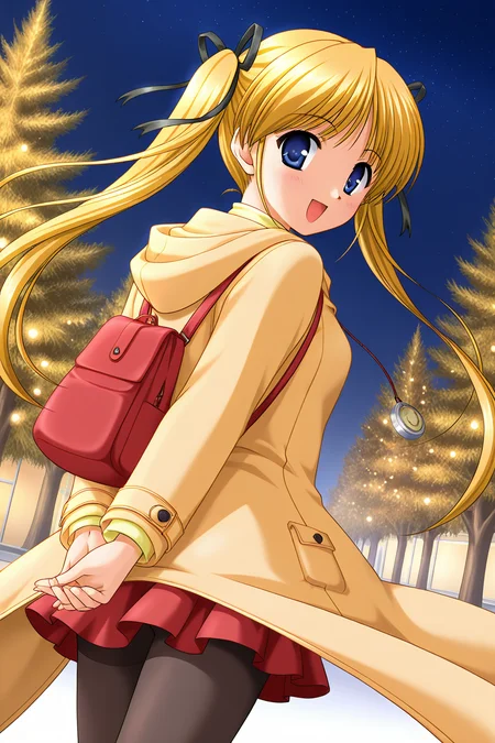 masterpiece, best quality, absurdres, official art, official style, rating generael BREAK <lora:shibugakimatsuri_IL_v1-3:0.7>, shibugaki matsuri, 1girl, solo, blonde hair, blue eyes, very long hair, bangs, twintails, hair ribbon, black ribbon, small breasts BREAK flat chest, winter clothes, casual, necklace, yellow coat, long coat, pocket, ocher hood, hood down, turtleneck, yellow sweater, long sleeves, red skirt, miniskirt, pleated skirt, black pantyhose, red bag, backpack, smile, blush, walking, one leg up, arms behind back, looking back, looking at viewer, cowboy shot, from behind, dutch angle, wind, floating clothes, floating hair, wind lift, outdoors, night, starry sky, tree