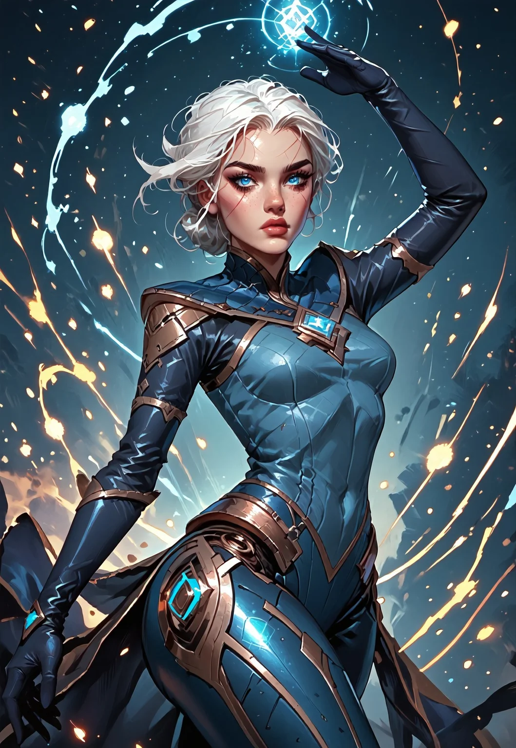 ((zPDXL3)), ((masterpiece,best quality, highly detailed)), ((score_9)), score_8_up, score_7_up, score_6_up, score_5_up, score_4_up, Digital painting style, brushstrokes, ((EnhanceImage)), solo, 1girl, CarmilleLoLPXL, blue eyes, white hair, short hair, wide hips, large breasts, blue gem, blue bodysuit, elbow gloves, black gloves, robot joints, wide hips,
Expressiveh, 30yo, adult lustful confident woman, petite, slender body, perky saggy natural breasts, full lips, bangs, sidelocks, straps,
chinese magical sorceress, animated, swirling magic, wisps of magic, ((dancing pose)), tight squeezed outfit, magical accessories, evoking motion, conveying motion, dynamic splash art,
<lora:PainterlyFantasiaPDXL:0.6>,