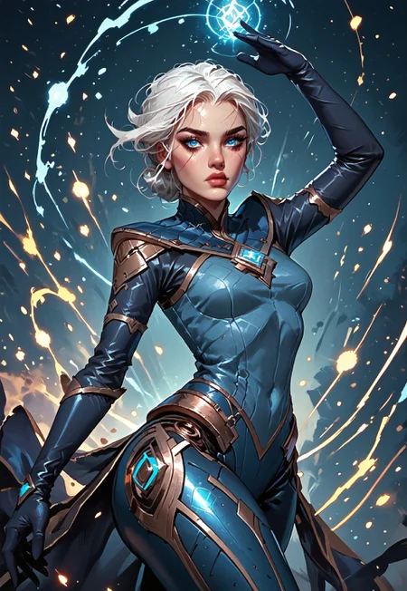 ((zPDXL3)), ((masterpiece,best quality, highly detailed)), ((score_9)), score_8_up, score_7_up, score_6_up, score_5_up, score_4_up, Digital painting style, brushstrokes, ((EnhanceImage)), solo, 1girl, CarmilleLoLPXL, blue eyes, white hair, short hair, wide hips, large breasts, blue gem, blue bodysuit, elbow gloves, black gloves, robot joints, wide hips,
Expressiveh, 30yo, adult lustful confident woman, petite, slender body, perky saggy natural breasts, full lips, bangs, sidelocks, straps,
chinese magical sorceress, animated, swirling magic, wisps of magic, ((dancing pose)), tight squeezed outfit, magical accessories, evoking motion, conveying motion, dynamic splash art,
<lora:PainterlyFantasiaPDXL:0.6>,
