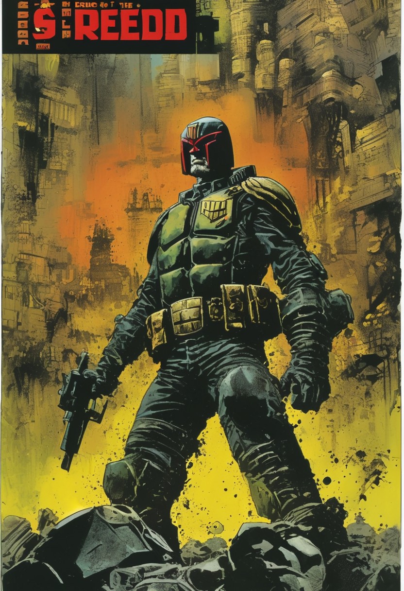 score_9, source_Poster, (?!-frame comic) ) BOOK OF THE SIMON BISLEY, art station, BANDE DESSINÉE story transcription, full color. (Judge Dredd),vector
