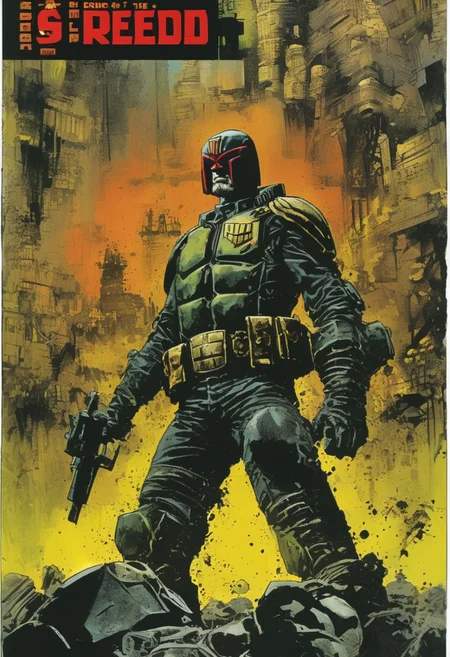 score_9, source_Poster, (?!-frame comic) ) BOOK OF THE SIMON BISLEY, art station, BANDE DESSINÉE story transcription, full color. (Judge Dredd),vector