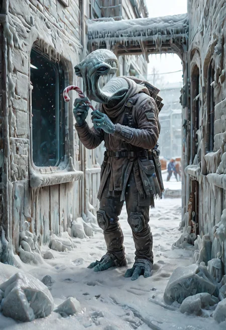 score_9, score_8_up, score_7_up,
masterpiece, extremely detailed,
Cinematic still, ithorian hammerhead alien, holding a candy cane, dynamic pose, in a space station, outside window, fr0stwrld, snow, ice