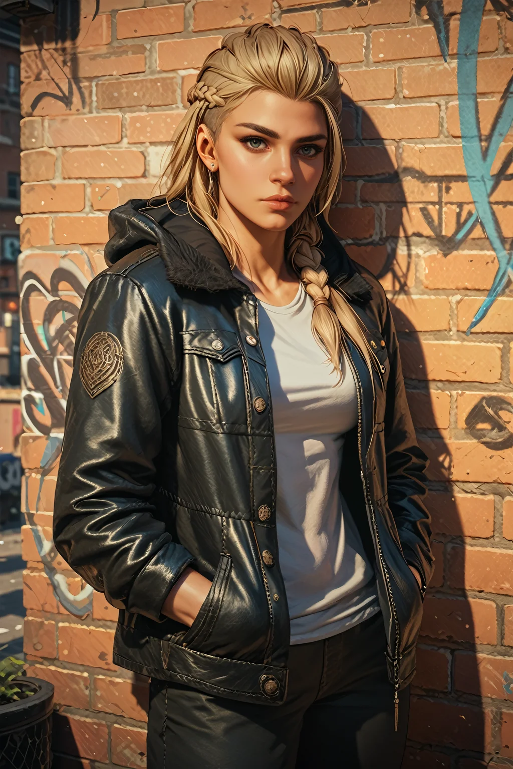 score_9, score_8_up, score_7_up, score_6_up
<lora:ACFEivor:1.0>
ACFEivor, 1girl, blonde hair, braid, long hair, looking at viewer, watching viewer, leaning against a brick wall, hands in jacket pockets, urban alleyway with graffiti art, moody lighting with shadows, edgy and modern vibe