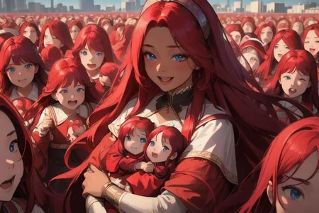 (masterpiece, best quality:1.5), (ultra realistic:1.5), (8k uhd, very high quality:1.5), (extremely detailed face:1.5), (everyone has ruby red hair:1.5), (dark skin mother holding an endless number of infants and surrounded by an endless number of her extremely young children:1.5), (everyone smiling and happy:1.5), (everyone has bright blue eyes:1.5), (everyone has long ruby red hair:1.5), (the woman is surrounded by endless numbers of her extremely young children that fill the entire background:1.5), (the woman is surrounded by an endless number of her very young children that fill the entire background:1.5), (city background:1.5)