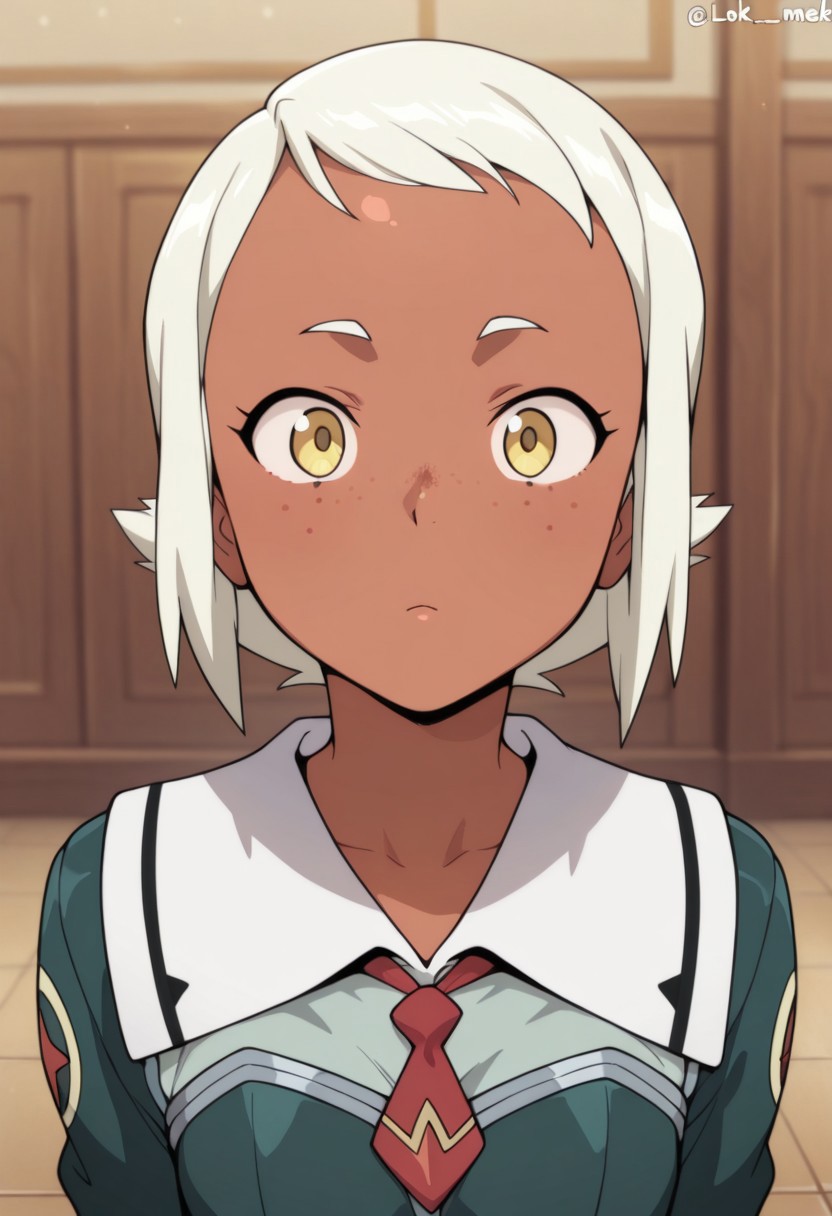 masterpiece,best quality,amazing quality, lal melk mark, short hair, white hair, yellow eyes, dark skin, dark-skinned female, 1girl, freckles, solo