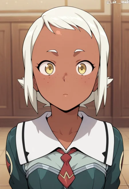masterpiece,best quality,amazing quality, lal melk mark, short hair, white hair, yellow eyes, dark skin, dark-skinned female, 1girl, freckles, solo