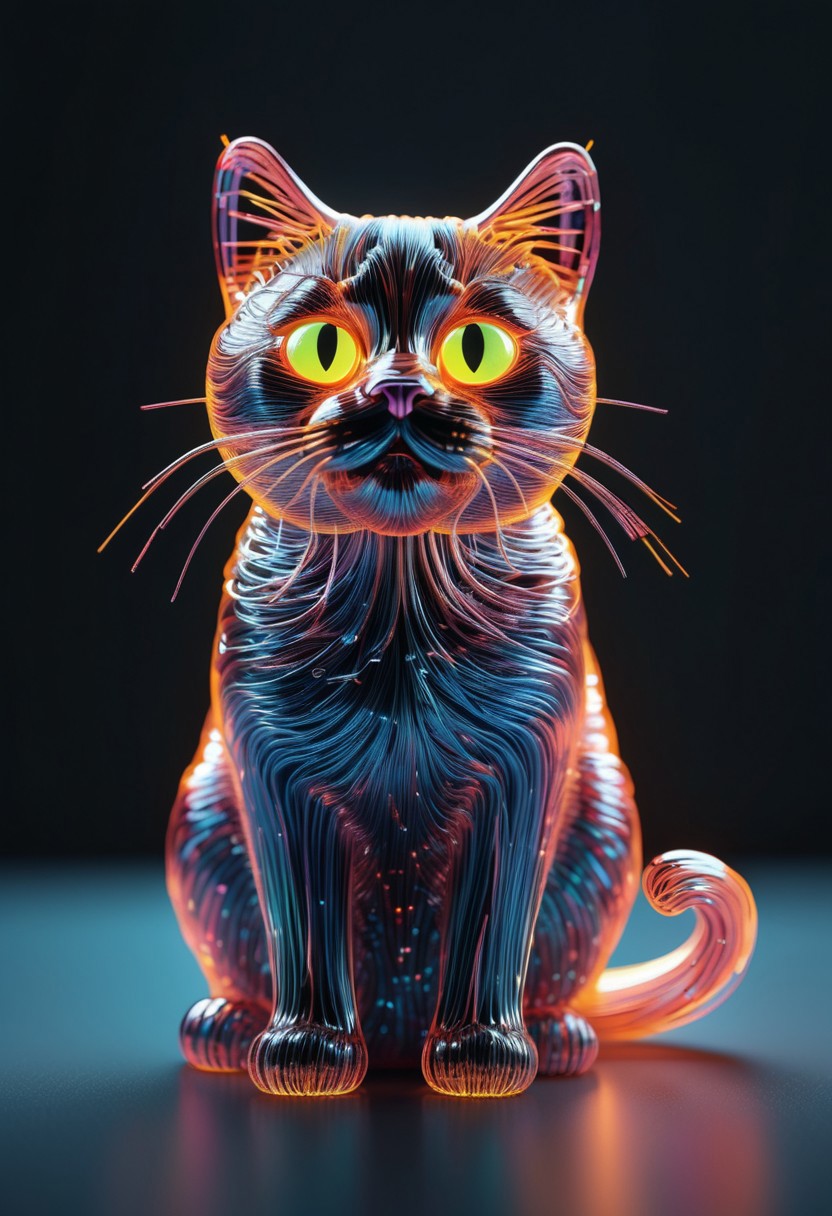 Score_9, score_8_up, score_7_up, high quality, 4k, 8k, extremely detailed, cat made out of tiny neon glass filaments, rendered in stunning detail by Andrei Kolkoutine. big, round eyes, adorable expression. fire, explosions, funny theme, witty, Humor and wit, Aesthetic appeal, Engagement sparks